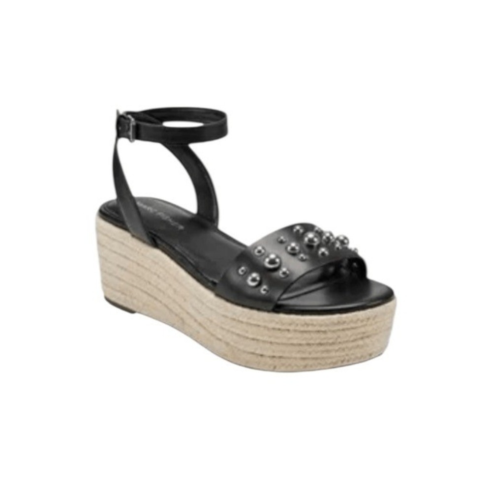 Marc Fisher Joyce Platform Espadrille Sandals Black Vegan Leather Silver Stud An